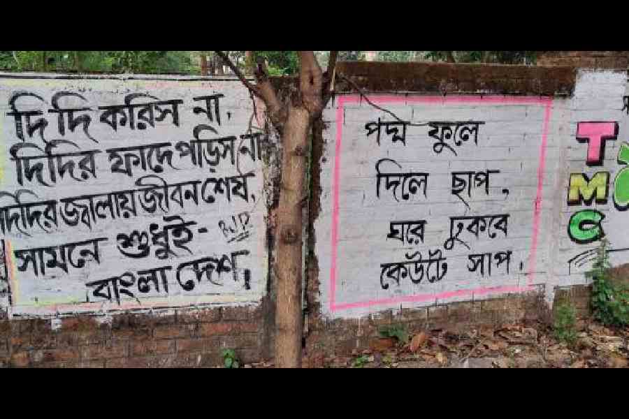 Election graffiti of the Trinamool Congress and the BJP in Jhargram. Picture by Sudipta Mitra