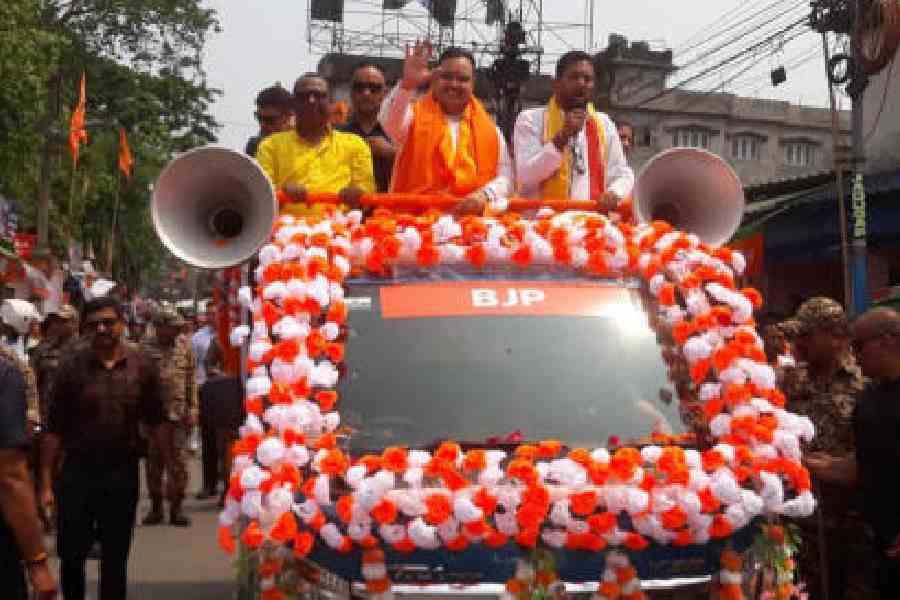 Rajasthan chief minister Bhajanlal Sharma at the road show in Siliguri for BJP candidate Shankar Ghosh on Friday. Picture by Passang Yolmo