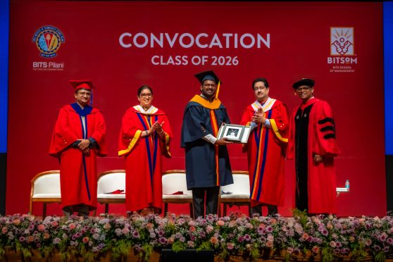 (L-R):Prof. V. Ramgopal Rao, Vice Chancellor, BITS Pilani; Shri Smriti Irani, Member of Parliament; Nanduri V. P. S. Anirudh, Valedictorian; Shri Kumar Mangalam Birla, Chancellor, BITS Pilani; and Prof. Saravanan Kesavan, Dean and Professor of Operations, BITSoM.