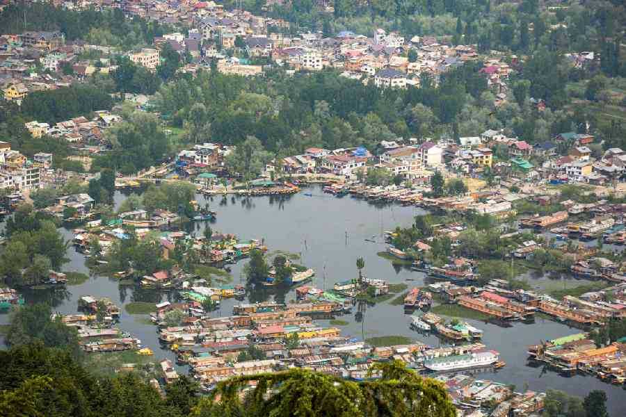 An aerial view of rows of empty houseboats in Dal Lake, as tourism takes a hit following the Pahalgam terror attack that claimed 26 lives and left several injured, in Srinagar, Monday, May 26, 2025.