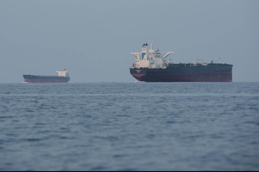 Tankers anchored in the Strait of Hormuz off the coast of Qeshm Island, Iran, Saturday, April 18, 2026.