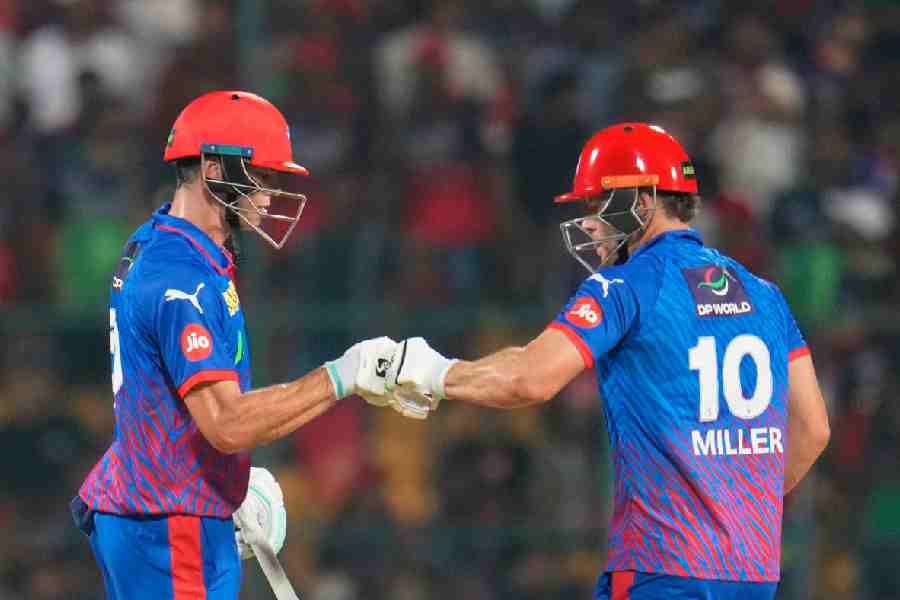 Man of the Match Tristan Stubbs and David Miller (right) during their unbroken 45-run stand against Royal Challengers Bengaluru at the Chinnaswamy on Saturday. The South African pair took Delhi Capitals to victory with one ball to spare.