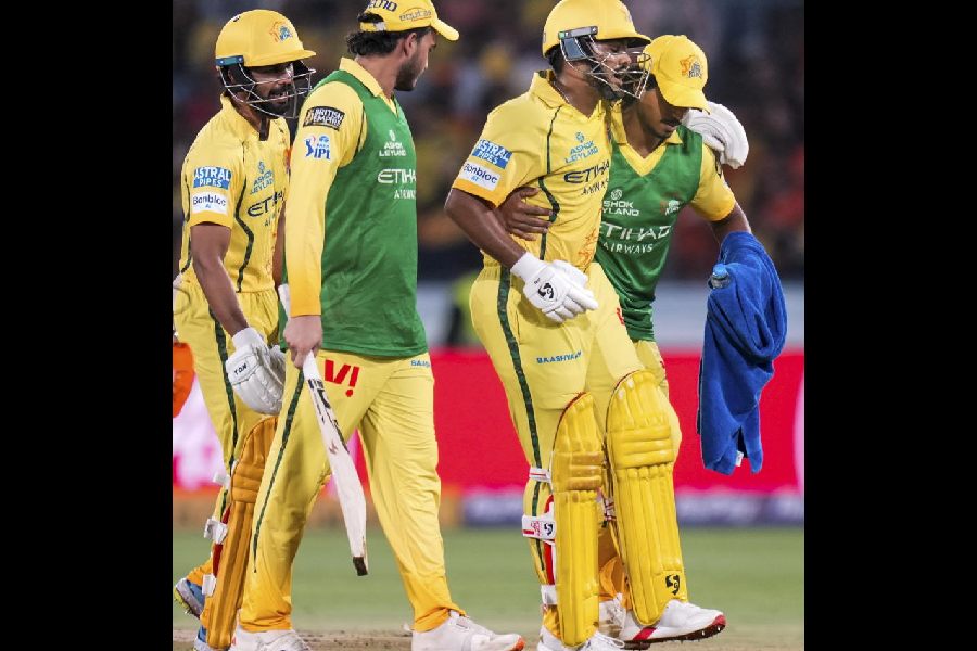 Chennai Super Kings' Ayush Mhatre suffers an injury during the Indian Premier League (IPL) 2026 T20 cricket match between Sunrisers Hyderabad and Chennai Super Kings, in Hyderabad, Telangana, Saturday, April 18, 2026.