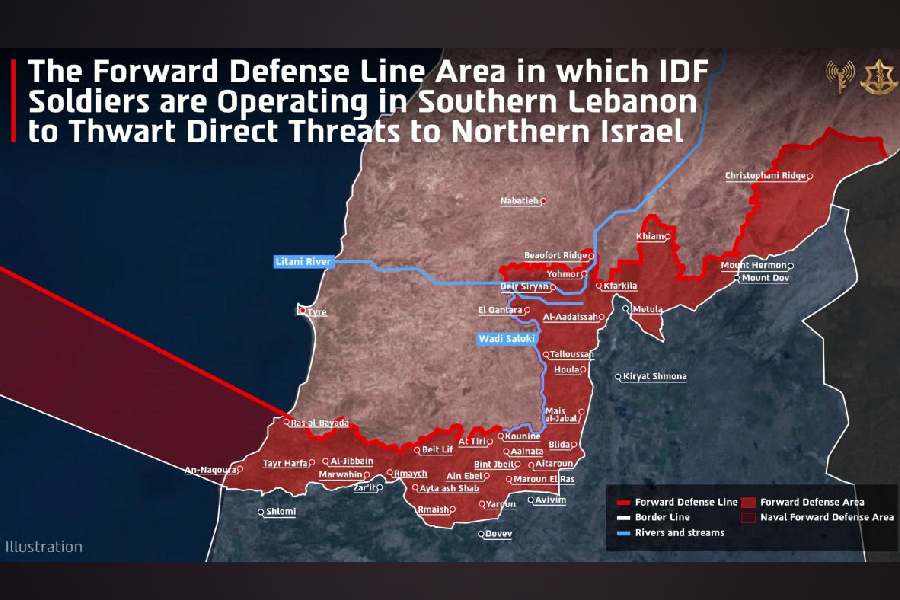 A handout graphic of a map, according to the Israeli military, shows the Forward Defense Line and the area in which they are operating in southern Lebanon, published on April 19, 2026.