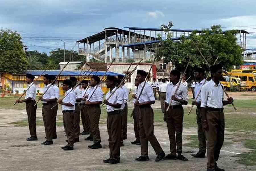 Swayamsevaks at an RSS camp in Howrah’s Uluberia. Picture by Snehamoy Chakraborty