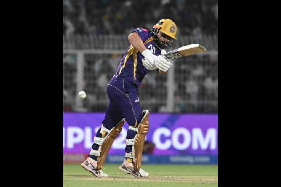 Rinku Singh, during his innings of 53 not out off 34 balls against the Rajasthan Royals at Eden Gardens on Sunday.  