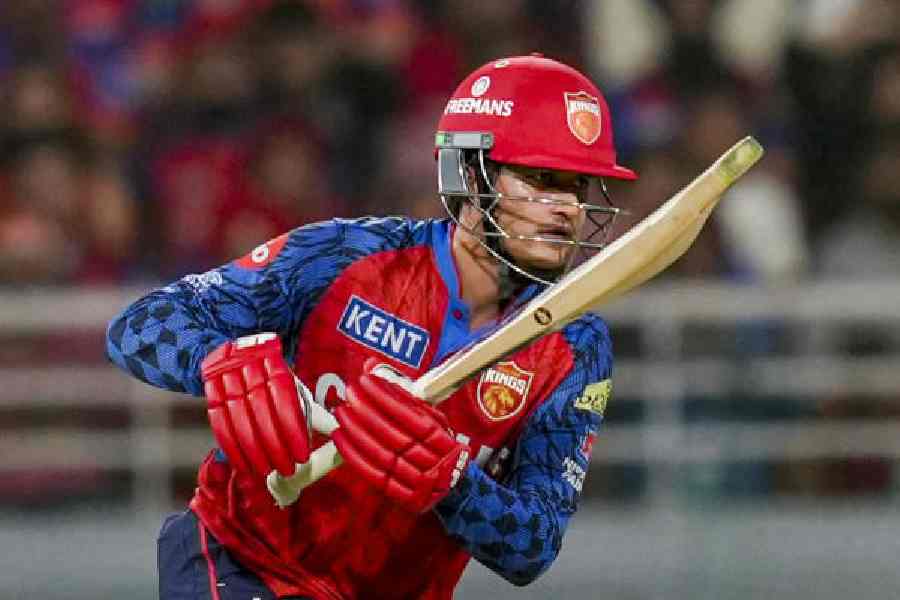 Punjab Kings’ Priyansh Arya plays a drive in Mullanpur on Sunday. The opener smashed 93 off 37 balls, which included nine sixes, against the Lucknow Super Giants.