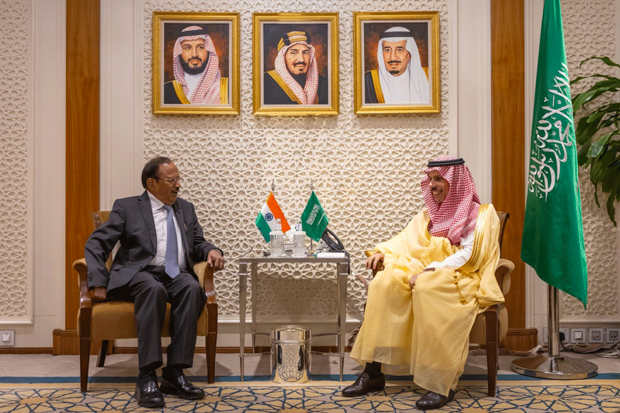 Saudi Foreign Minister Prince Faisal bin Farhan with National Security Advisor Ajit Doval during a meeting in Riyadh.