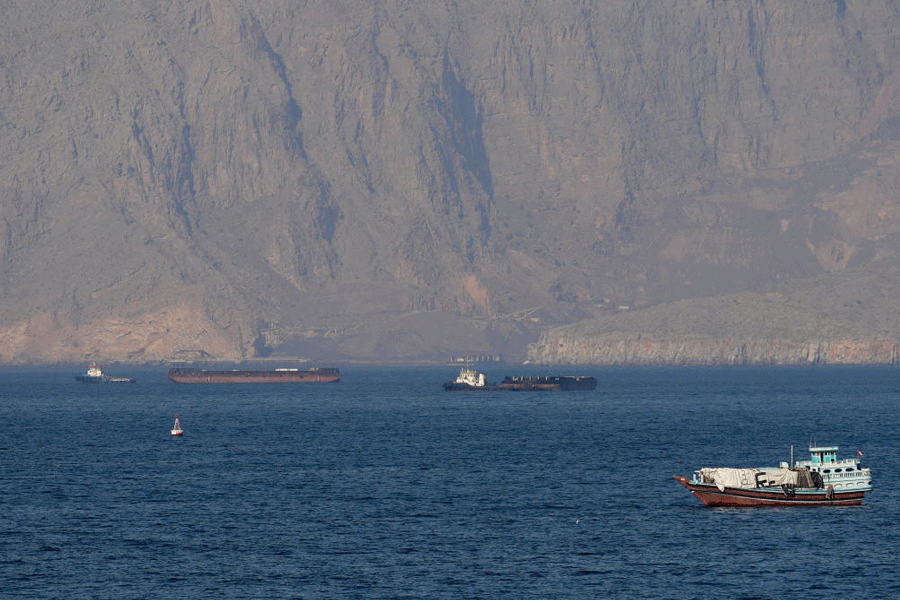 Ships and tankers in the Strait of Hormuz off the coast of Musandam, Oman, April 18, 2026.