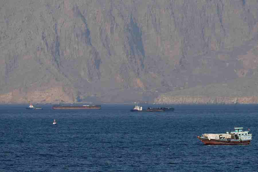 Ships and tankers in the Strait of Hormuz off the coast of Musandam, Oman, April 18, 2026.