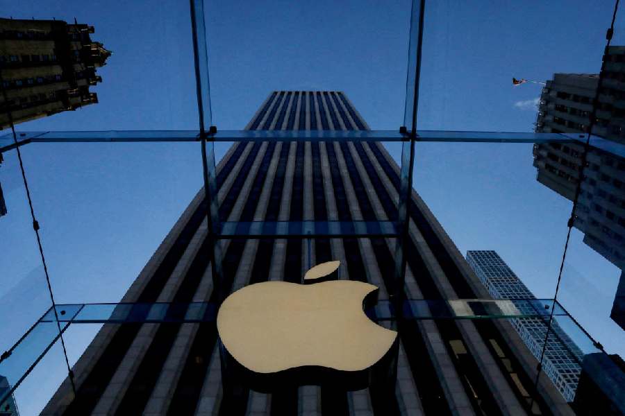 The Apple logo is seen during the preview of the redesigned and reimagined Apple Fifth Avenue store in New York, US, September 19, 2019.