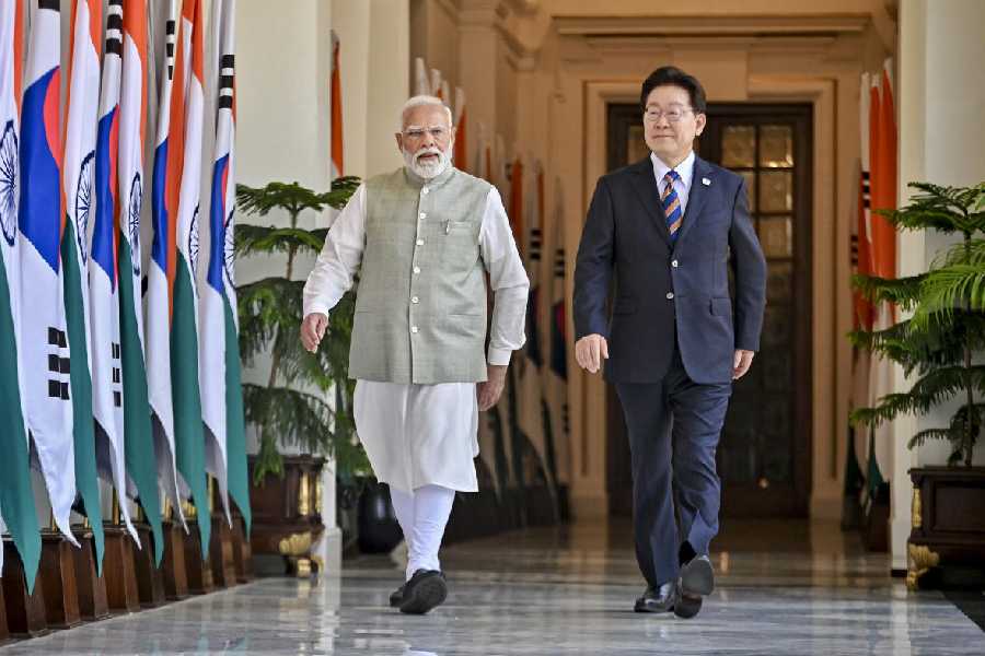 In this image posted on April 20, 2026, Prime Minister Narendra Modi and South Korean President Lee Jae Myung during a bilteral meeting, in New Delhi.