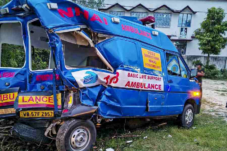 The wrecked ambulance in North Dinajpur on Monday. 