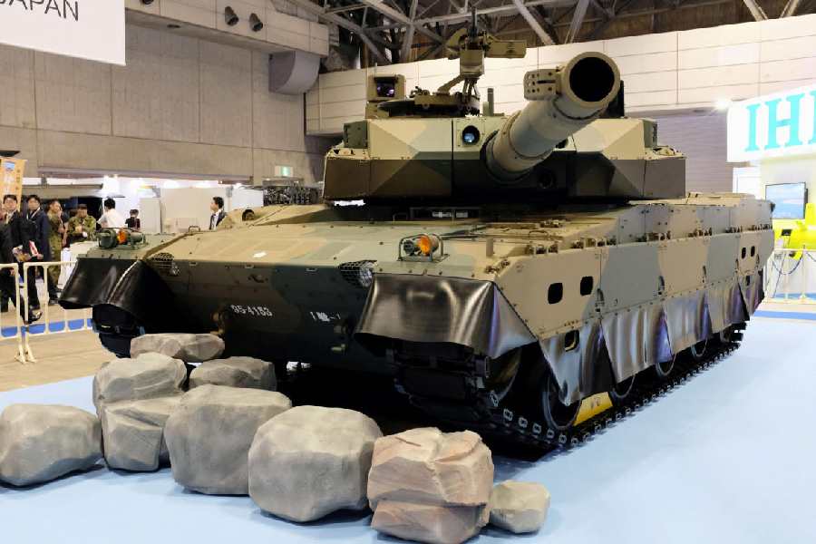 A Japanese Ground Self-Defense Force Type 10 tank is displayed at a defence equipment fair called 'DSEI Japan' in Chiba, east of Tokyo, Japan, November 10, 2019
