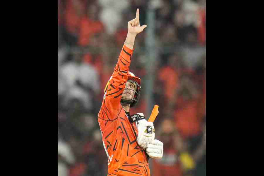 Sunrisers Hyderabad\'s Abhishek Sharma celebrates his century.