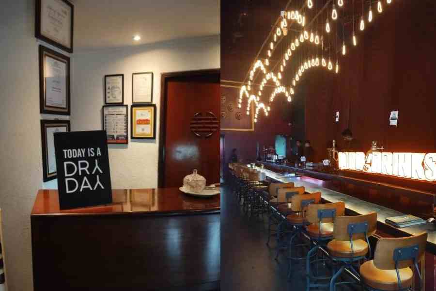 A ‘dry day’ notice at a restaurant; (right) empty chairs at a pub in the city on Tuesday