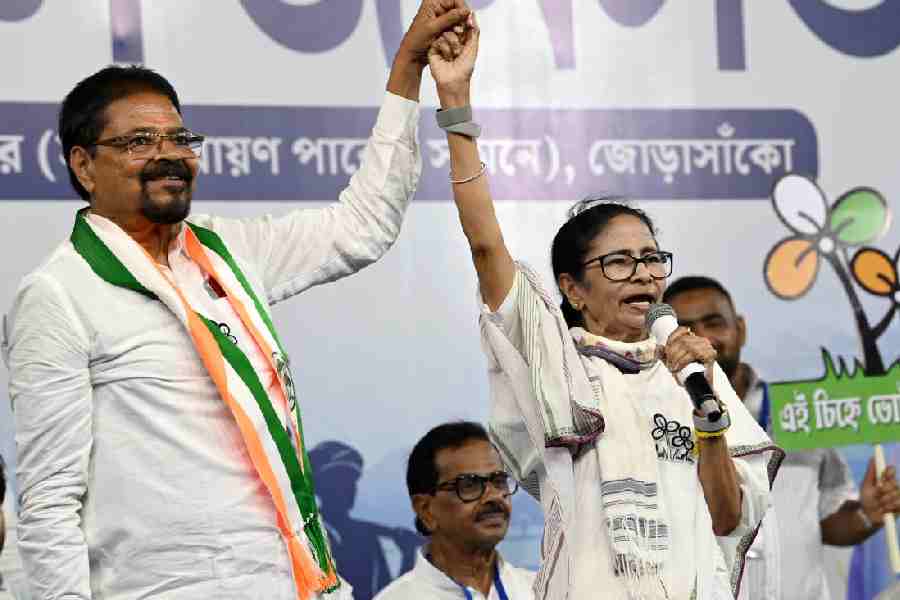 Mamata Banerjee at a public meeting in Burrabazar, Calcutta, on Tuesday. 