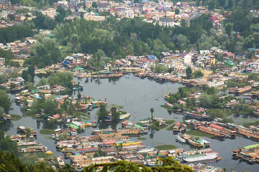 An aerial view of rows of empty houseboats in Dal Lake following Pahalgam terror attack that claimed 26 lives and left several injured