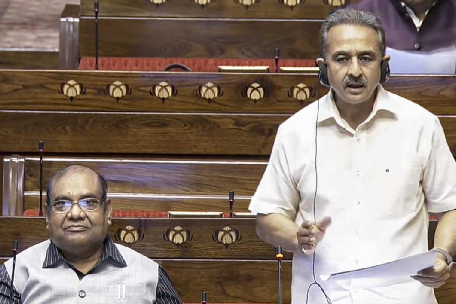 MoS for External Affairs Kirti Vardhan Singh speaks in the Rajya Sabha during the second part of the Budget session of Parliament, in New Delhi, Thursday, April 2, 2026.