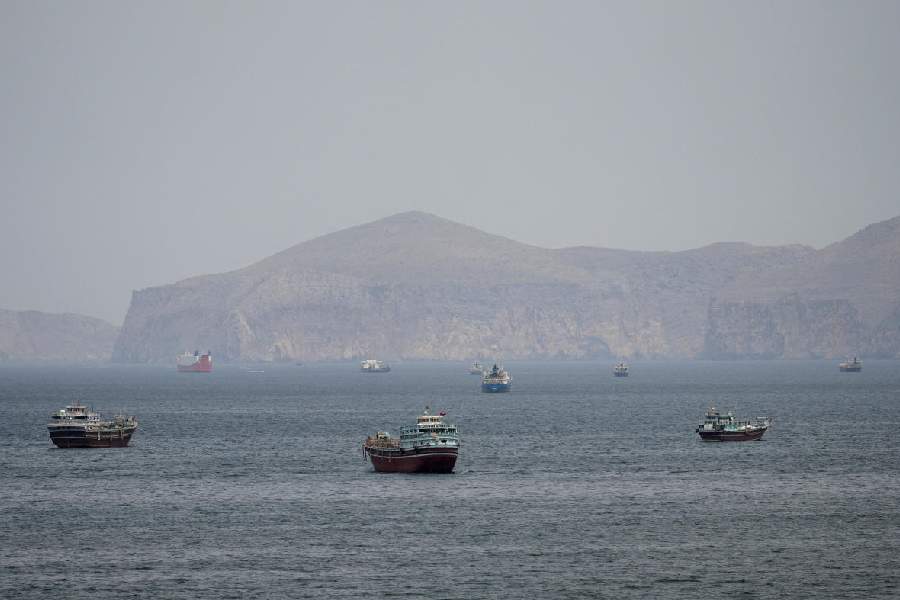 Ships and boats in the Strait of Hormuz, Musandam, Oman, April 22, 2026.