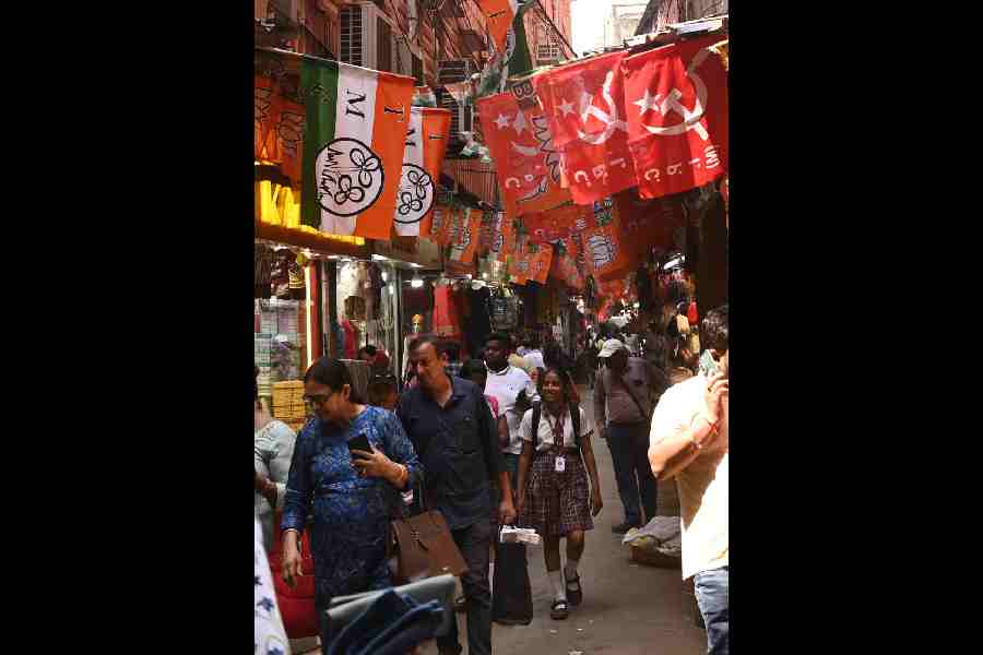Party flags in Burrabazar.