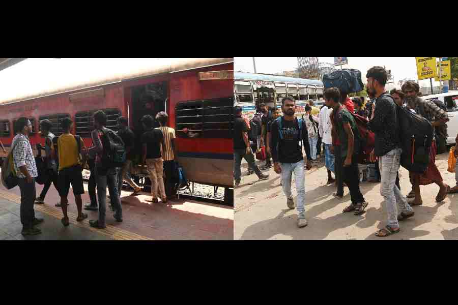Passengers get off a train from Chennai at Santragachhi station on Wednesday and (right) look for buses to head home.