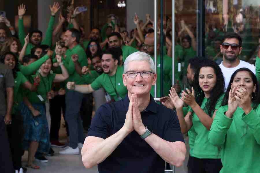 Outgoing Apple CEO Tim Cook at the inauguration of India’s first Apple retail store in Mumbai in April 2023.