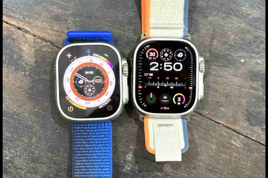 Apple Watch Ultra 2 (right) features 95 per cent recycled titanium, compared to no recycled titanium in the first Apple Watch Ultra