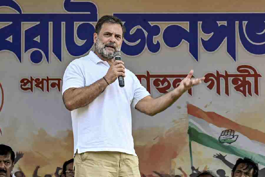 LoP in the Lok Sabha and Congress leader Rahul Gandhi addresses a public meeting in support of party candidates ahead of the West Bengal Assembly elections, at Chanchal in Malda, Tuesday, April 14, 2026.