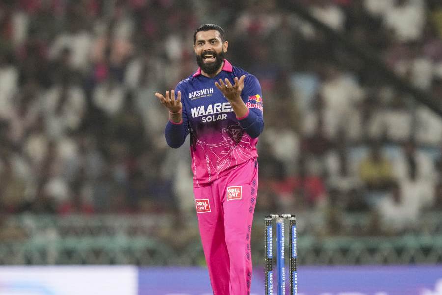 Rajasthan Royals' Ravindra Jadeja reacts during an Indian Premier League (IPL) 2026 T20 cricket match between Lucknow Super Giants and Rajasthan Royals, in Lucknow, Uttar Pradesh, Wednesday, April 22, 2026.