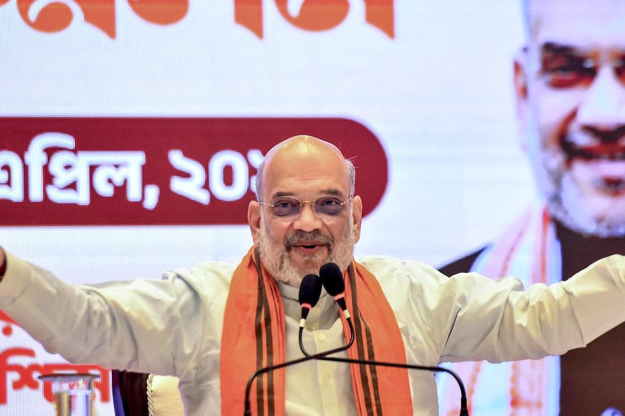 Union Home Minister Amit Shah addresses a press conference ahead of the second phase of the West Bengal Assembly elections, in Kolkata, Friday, April 24, 2026.