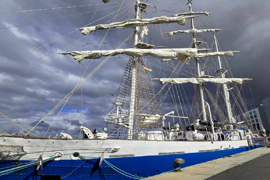 Indian Navy sail training ship INS Sudarshini during its port call at Las Palmas, Canary Islands, Spain, Thursday, April 23, 2026.