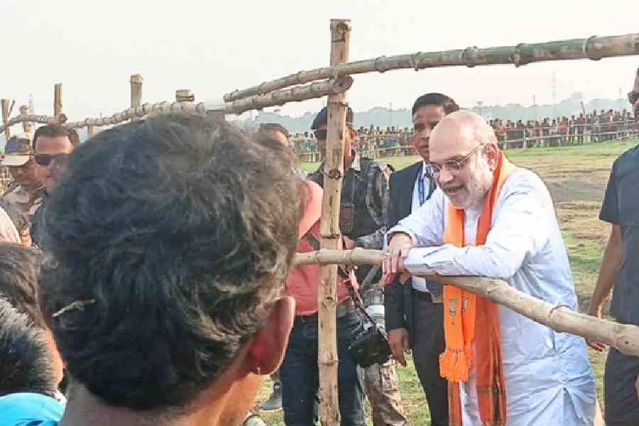 Amit Shah interacts with the crowd before attending a public rally in Hooghly’s Dadpur on Wednesday. Picture by Amit Kumar Karmakar