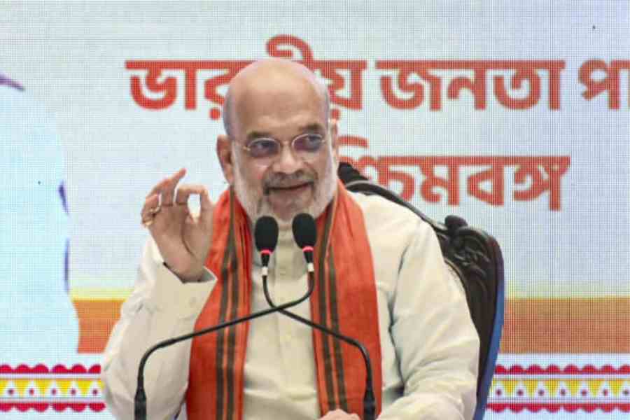 Amit Shah addresses the press conference in Calcutta on Friday. (PTI picture)