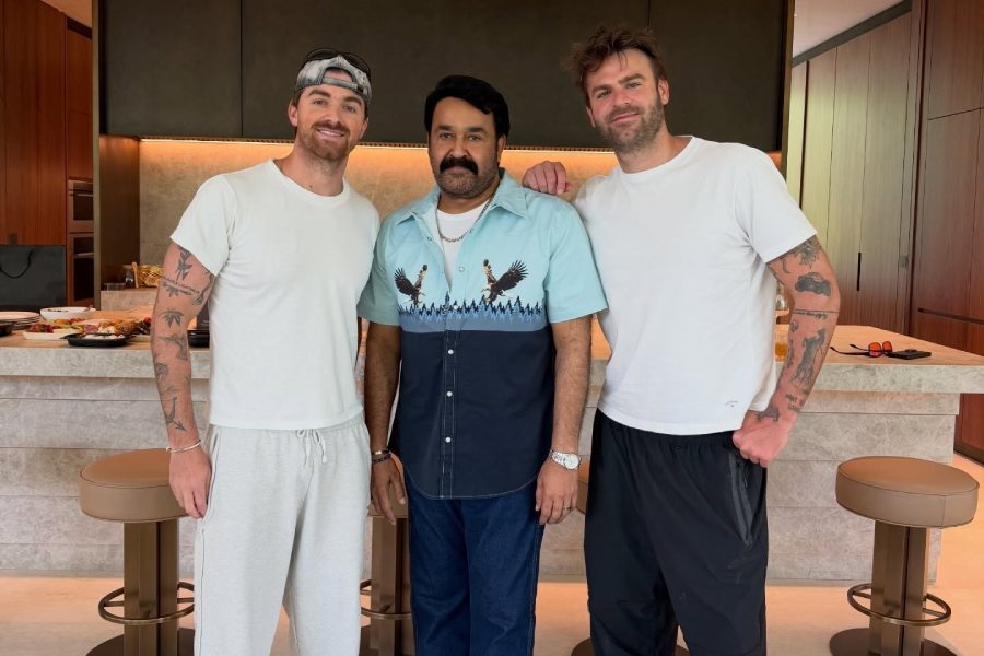 Alex Pall and Drew Taggart with Mohanlal