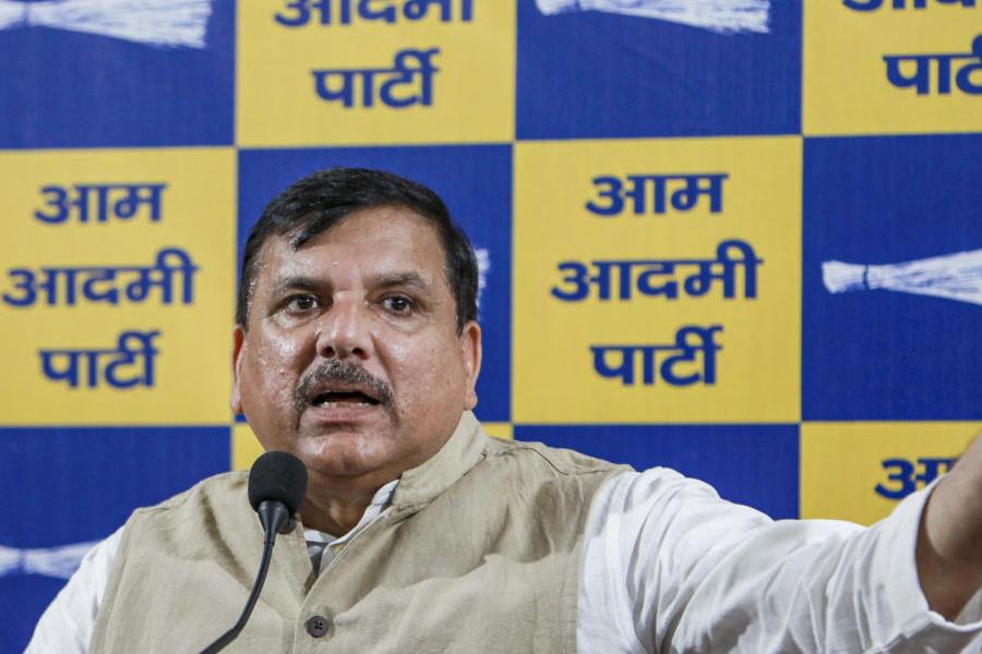 AAP MP Sanjay Singh addresses a press conference, at the party office, in New Delhi, Saturday, April 25, 2026.