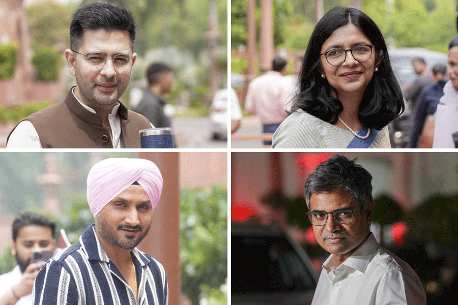 Raghav Chadha (upper left), Swati Maliwal (upper right), Harbhajan Singh (down left), Sandeep Pathak