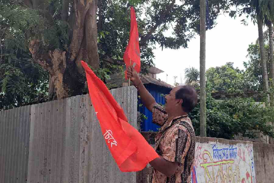 Jyotindranath Das, a retired policeman and a CPM supporter, on Saturday takes off party flags in Raiganj town after the elections to keep the town clean.            Picture by Kousik Sen