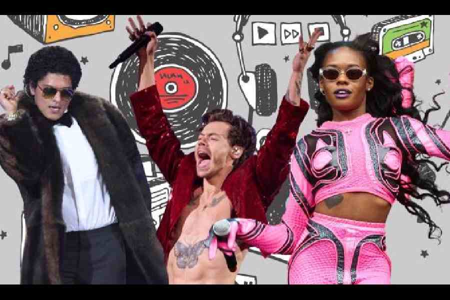 Spinning around: Musicians (left to right) Bruno Mars, Harry Styles and Azealia Banks have had successful releases in 2026.Illustration: The Telegraph