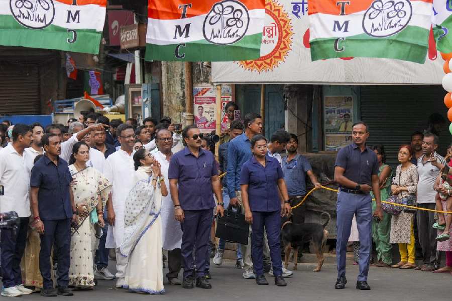 West Bengal chief minister and TMC candidate from Bhabanipur constituency Mamata Banerjee greets supporters during a roadshow, ahead of the second phase of state Assembly elections, in Kolkata, Saturday, April 25, 2026.