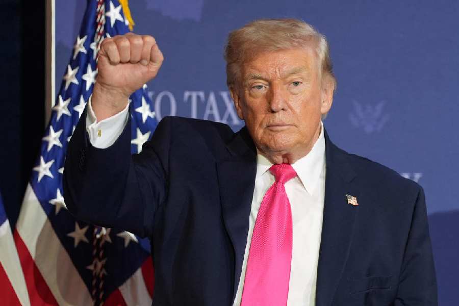 President Donald Trump gestures after a roundtable event about no tax on tips, Thursday, April 16, 2026, in Las Vegas.