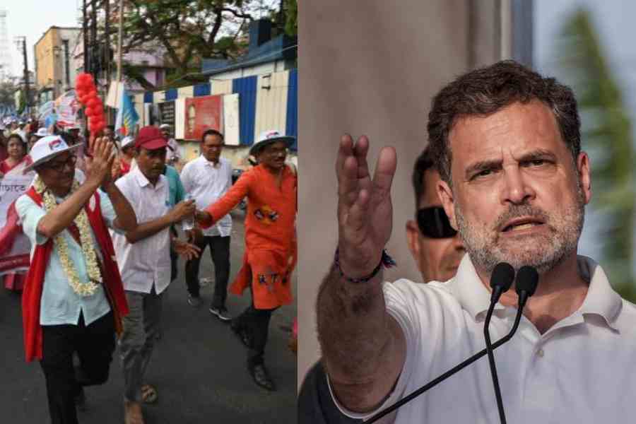A march in support of the CPM candidate from Burdwan Dakshin, Sudipta Gupta, on the last Sunday before the polls in Burdwan, (right) Rahul Gandhi 