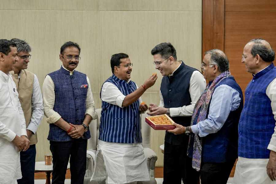 BJP National President Nitin Nabin meets Rajya Sabha MPs Raghav Chadha, Sandeep Pathak and Ashok Mittal at the party's headquarters, in New Delhi, Friday, April 24, 2026. Aam Aadmi Party (AAP) Rajya Sabha MPs Chadha and Sandeep Pathak on Friday announced that they are joining the BJP along with five other MPs of the party.