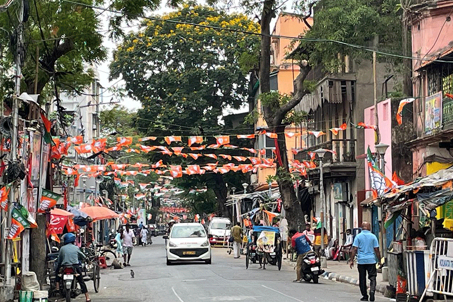 BJP flags flutter on Kalighat Road, adjacent to Harish Chatterjee Street, where Mamata lives 
