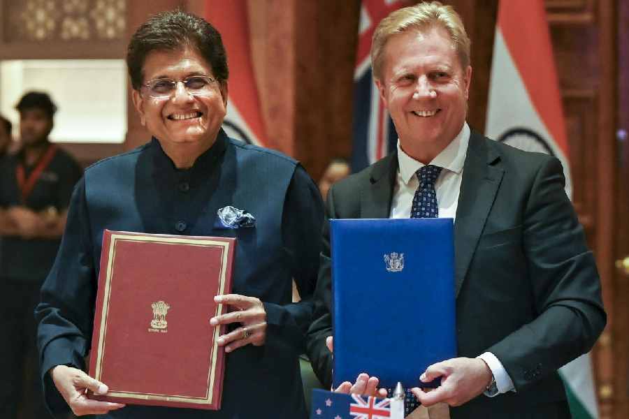 Union Minister of Commerce and Industries Piyush Goyal with New Zealand Minister of Trade and Investment Todd McClay during the signing of the India-New Zealand free trade agreement, in New Delhi, Monday, April 27, 2026.