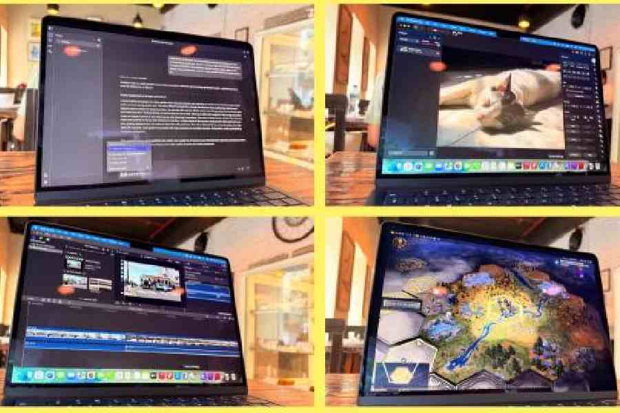 Working on MacBook Air M5: (Clockwise from top left) Using on-device AI via LM Studio, editing photos with Photomator, playing Civilisation VII, and using Final Cut Pro. Picture: The Telegraph / Mathures Paul