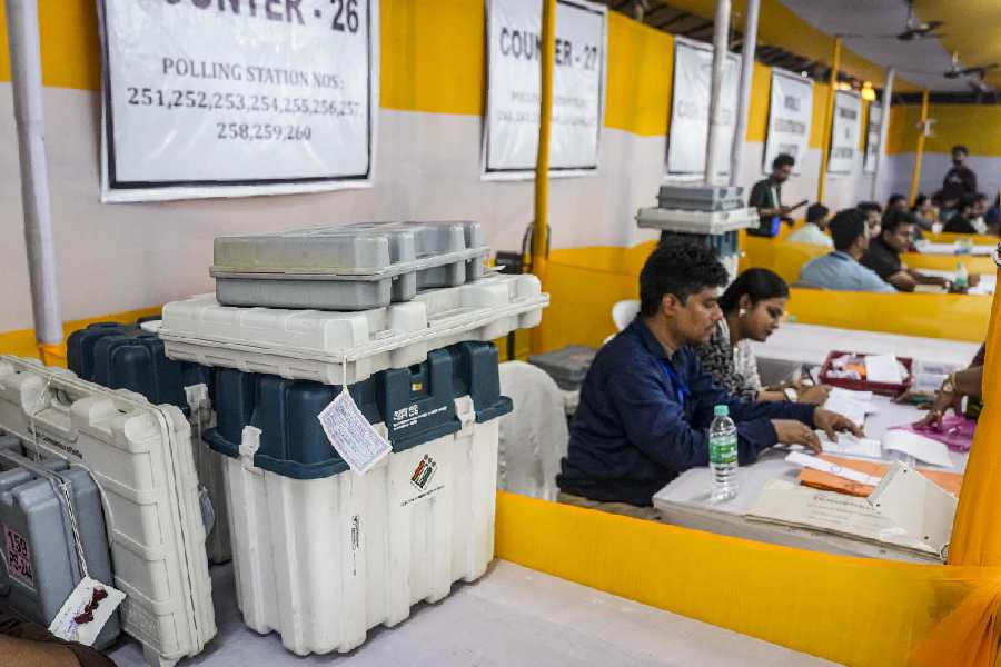 Electronic Voting Machine (EVM) and Voter Verifiable Paper Audit Trail (VVPAT) units at a distribution centre amid preparations for voting in the second phase of the West Bengal Assembly elections, in Kolkata, Tuesday, April 28, 2026.