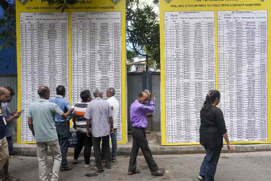 Polling officials check vehicle facility details amid preparations for voting in the second phase of the West Bengal Assembly elections, in Kolkata, Tuesday, April 28, 2026.