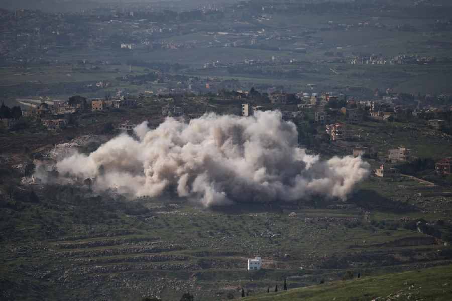 Smoke rises following explosions in southern Lebanon, near the Israel-Lebanon border, as seen from northern Israel, April 27, 2026.