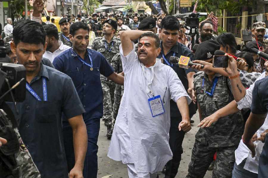 BJP candidate for Bhabanipur and Nandigram constituencies, Suvendu Adhikari, visits a polling station in his constituency during the second and final phase of the state Assembly elections, in Kolkata, Wednesday, April 29, 2026. Tension flared up when the Suvendu Adhikari visited a polling booth and TMC workers protested with slogans, prompting police intervention and a complaint by the opposition leader to the EC seeking deployment of additional central forces.
